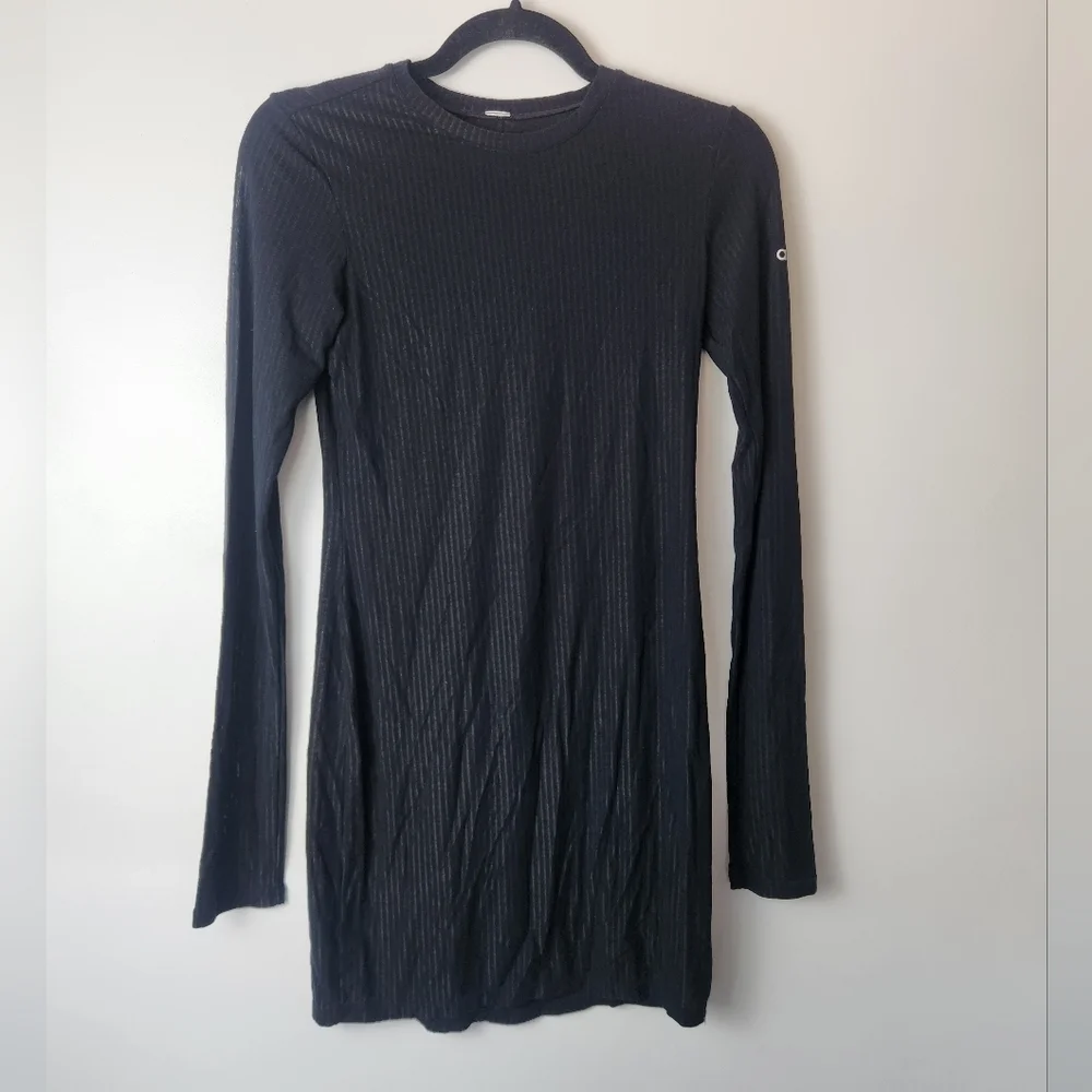 Alo Yoga Black Alosoft Ribbed Serene Long Sleeve Mini Dress​ S